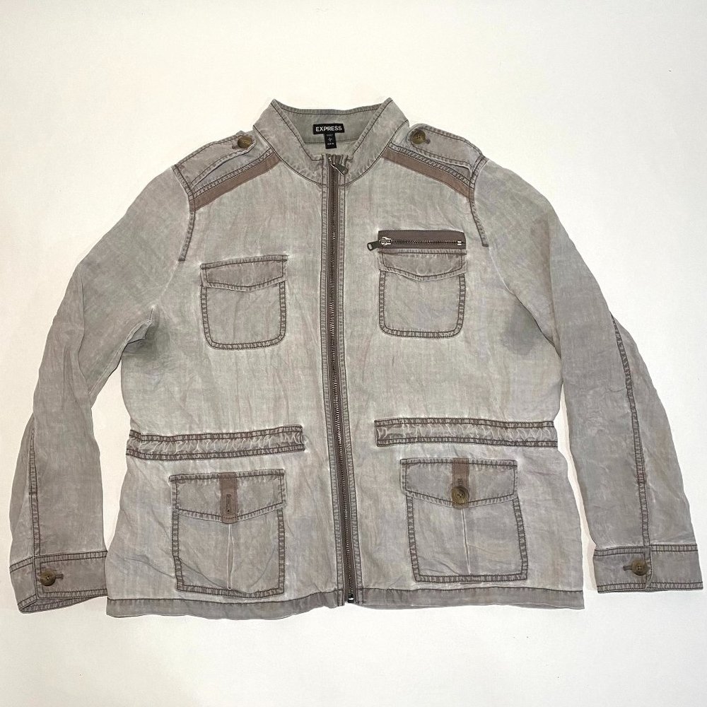 EXPRESS Grey Moto Mock Neck Long Sleeve Full Zip Jacket Women's Size L/G Petite